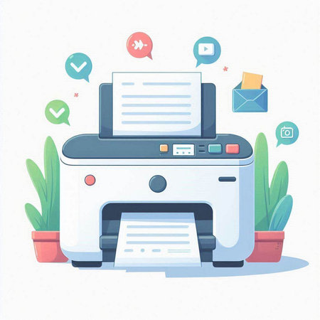 Printer with paper sheets and icons. Flat design vector illustration.のイラスト素材