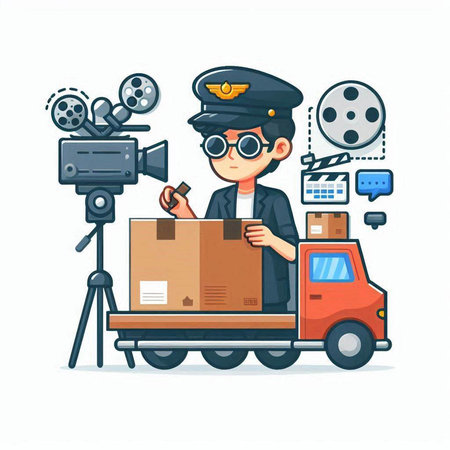 Policeman with Carton Box and Video Camera Vector Illustrationのイラスト素材