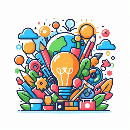 Creative doodle drawing. Vector illustration with lightbulb, pencils, paints, brush, globe and other elements.のイラスト素材