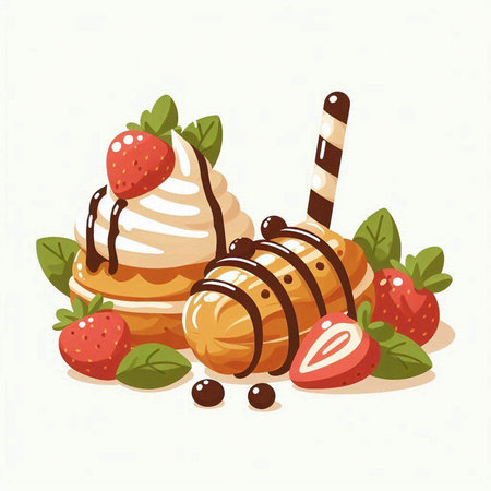 Vector illustration of waffles with whipped cream, strawberries, chocolate and mint leaves.のイラスト素材