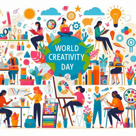 World creative day banner with people drawing and painting, vector illustration.のイラスト素材