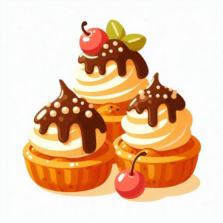 Cupcakes with cream, cherry and chocolate. Vector illustration.のイラスト素材