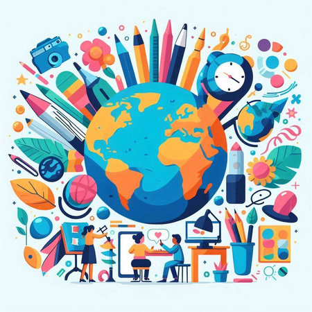 Back to school concept with globe and school supplies. Vector illustration.のイラスト素材