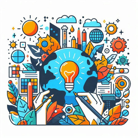 Hand drawing a light bulb on the globe. Conceptual vector illustration.のイラスト素材