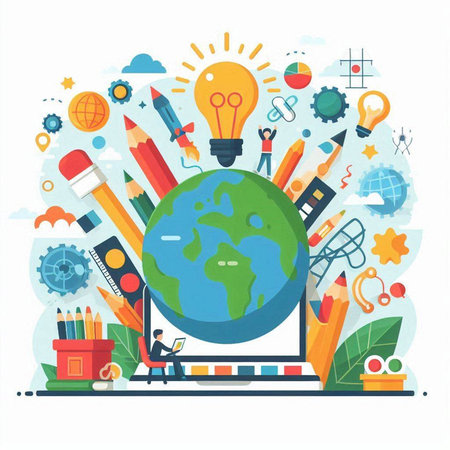 Flat design vector illustration concept of education and learning. Young student with globe and school supplies.のイラスト素材