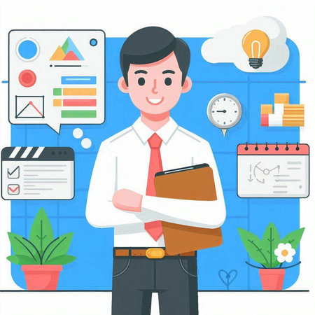 Businessman standing in the office. Flat design style vector illustration.のイラスト素材