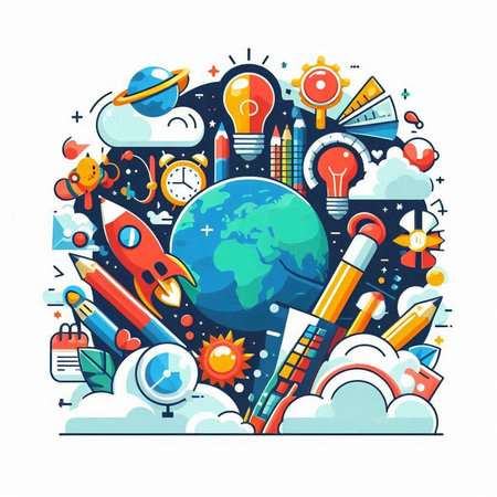 Colorful vector illustration of rocket, planet, science and education.のイラスト素材