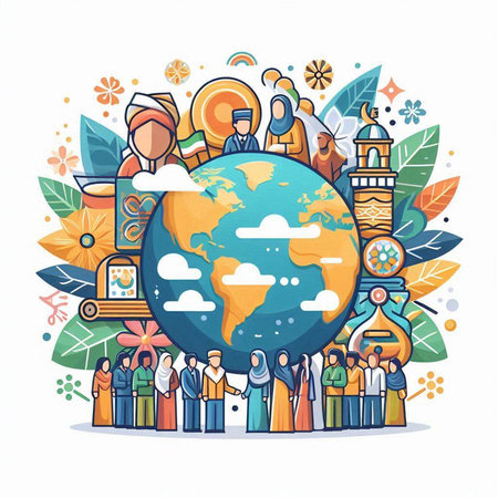 Earth day concept. Vector cartoon illustration of people around the planet.のイラスト素材