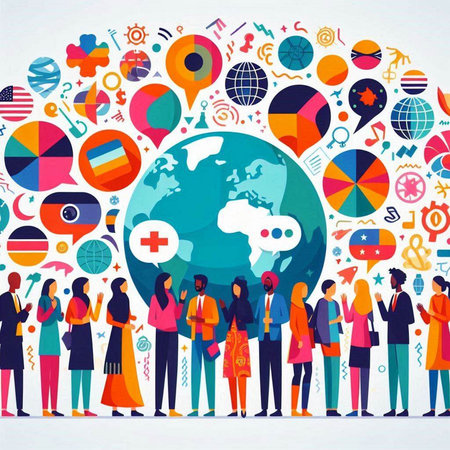 Global communication and social media. Group of people standing around the globe. Vector illustrationのイラスト素材