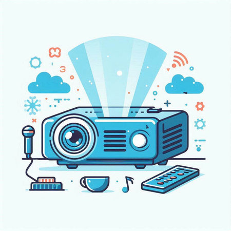 Vector illustration of a multimedia projector in flat line style on blue background.のイラスト素材