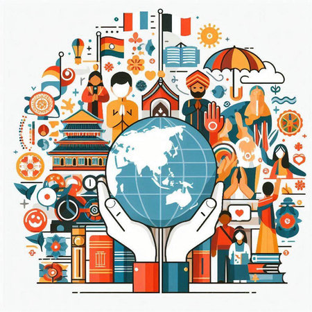 Vector illustration of global communication concept with people around the globe in flat line styleのイラスト素材