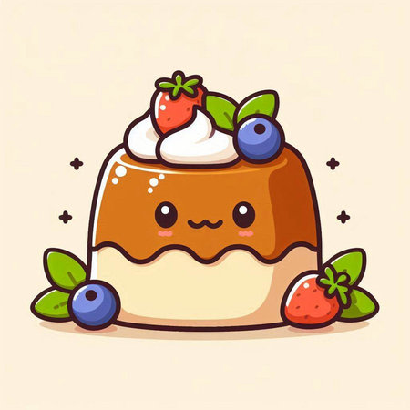 Cute cartoon kawaii chocolate pudding with berries and whipped cream. Vector illustration.のイラスト素材