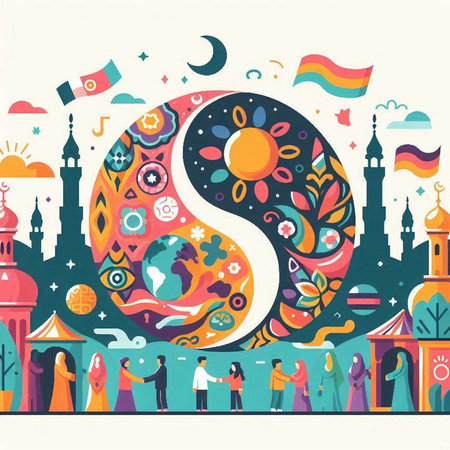 Vector illustration of people and yin yang symbol in the cityのイラスト素材