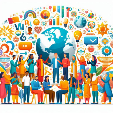 Global communication concept. Group of people around the globe. Vector illustrationのイラスト素材