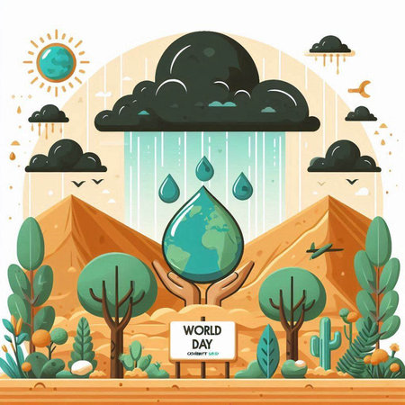 World environment day poster with water drop and tree in desert vector illustrationのイラスト素材