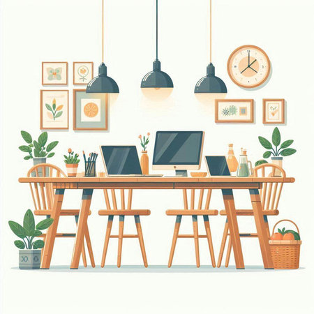 Interior design of home office. Workplace with computer, furniture and plants. Vector illustrationのイラスト素材