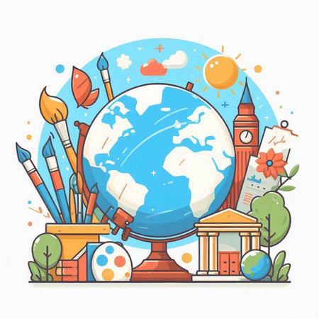Back to school concept. Vector illustration of globe, globe, school building, pencils, paints, globe.のイラスト素材