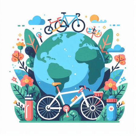 Flat design vector illustration concept of travel around the world by bicycle.のイラスト素材