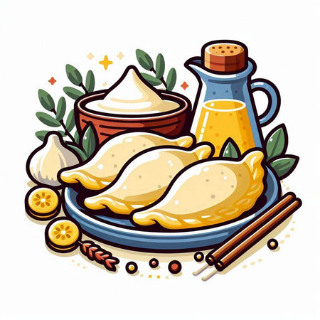 Vector illustration of dumplings on plate with ingredients for cooking.のイラスト素材