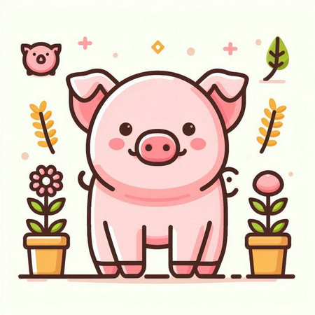 Cute pig cartoon character with flowers and plants. Vector illustration.のイラスト素材