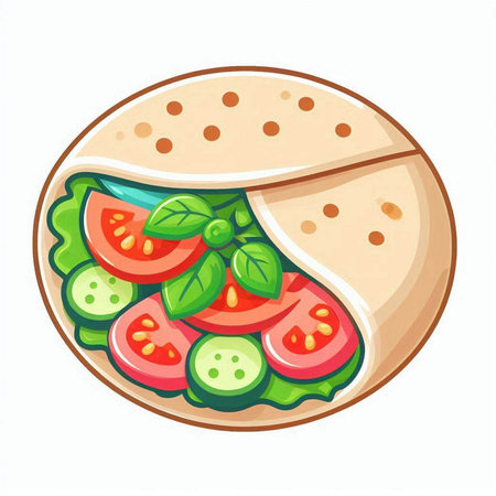 Tortilla with tomato, cucumber and basil. Vector illustration.のイラスト素材