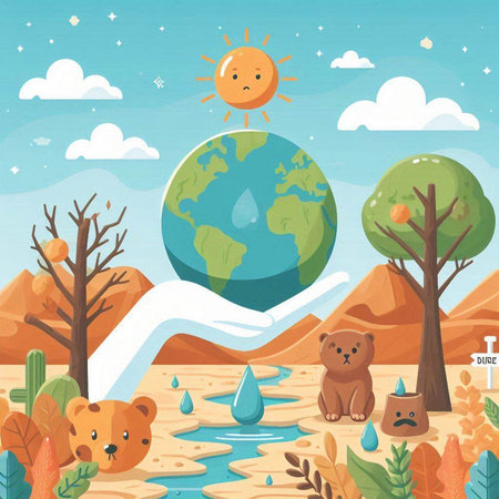 Vector illustration of World Environment Day. Cute cartoon bear with planet earth in hand.のイラスト素材