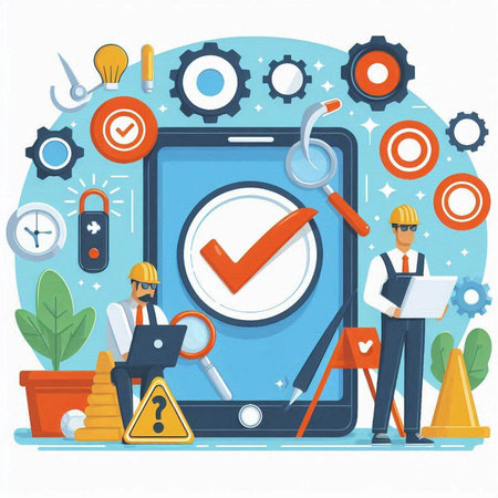 Flat design vector illustration concept of engineer or architect working on mobile phone.のイラスト素材