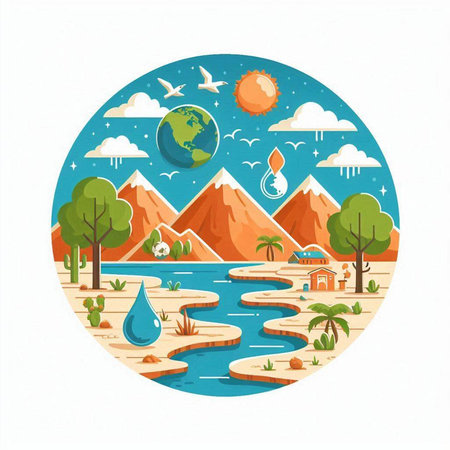 Landscape with mountains, trees and river. Vector illustration in flat styleのイラスト素材