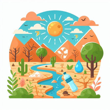 Landscape with river, sun and mountains. Vector illustration in flat styleのイラスト素材