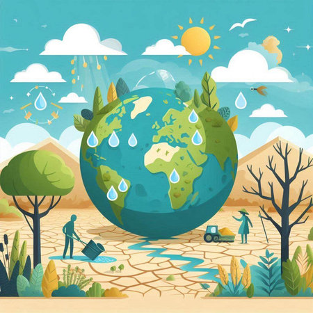 Illustration of a World Environment Day Background with Earth, Water and Treesのイラスト素材