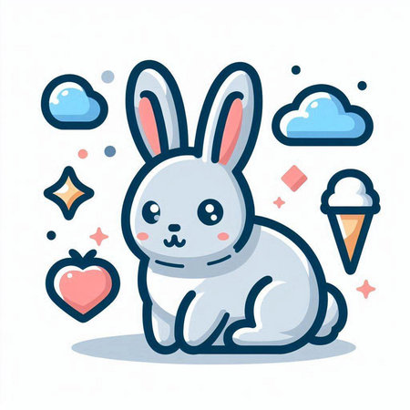 Cute cartoon bunny sitting with ice cream and hearts. Vector illustration.のイラスト素材