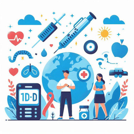 Vector illustration of World Diabetes Day concept with people characters, medical icons and symbols.のイラスト素材
