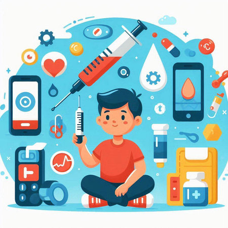 Vector flat illustration of a boy sitting on the floor, holding a syringe and a lot of medical tools.のイラスト素材