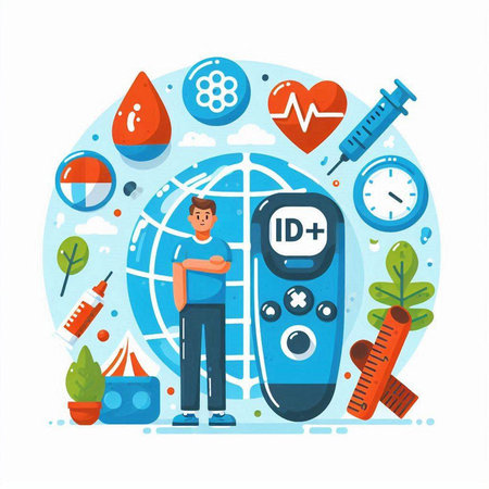 Glucose meter, blood glucose test, glucometer, syringe and other medical equipment. Flat style vector illustration.のイラスト素材