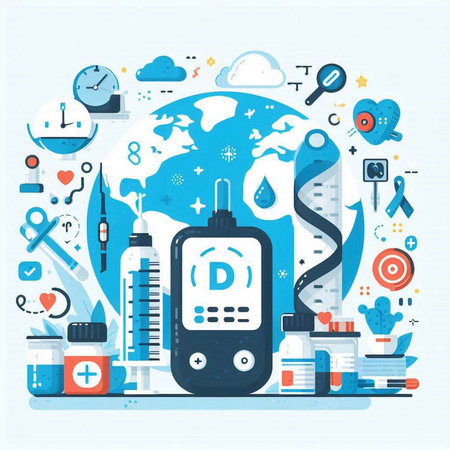 Blood glucose meter and medical icons. Vector illustration in flat style.のイラスト素材