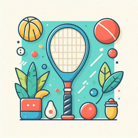 Vector illustration of sport equipment. Tennis racket, ball, tennis racket, ice cream, badminton shuttlecock.のイラスト素材