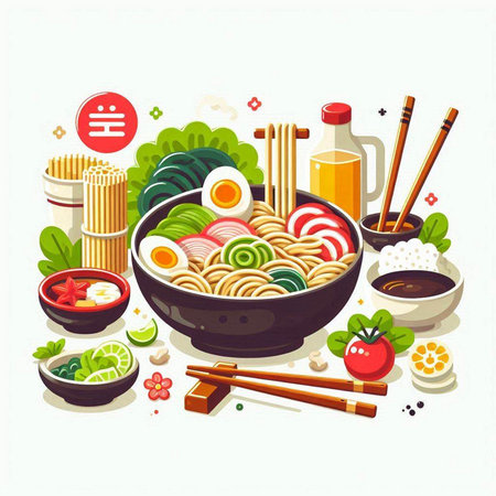 Illustration of japanese noodle with chopsticks and vegetablesのイラスト素材