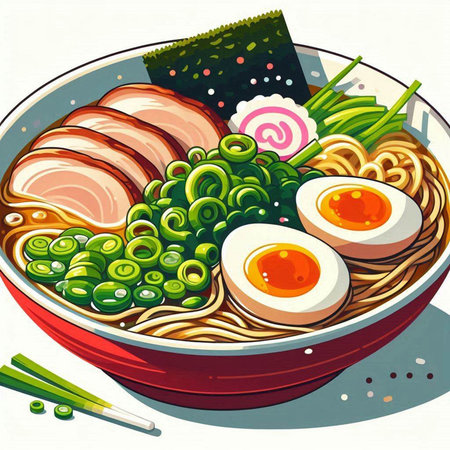 Illustration of japanese noodle soup with pork and eggのイラスト素材