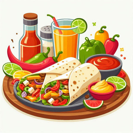 Mexican food vector illustration. Taco tortilla with salsa sauce, guacamole, chilli pepper, lime, onion, tomato, onion, paprikaのイラスト素材