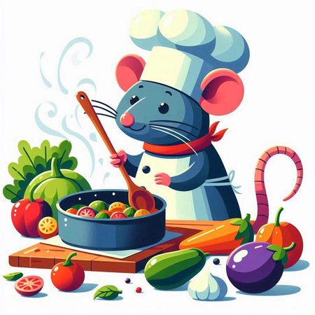 Cartoon rat chef with a ladle and vegetables. Vector illustration.のイラスト素材