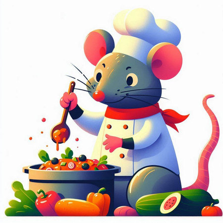Rat chef with a pot of vegetables. Illustration on white background.のイラスト素材