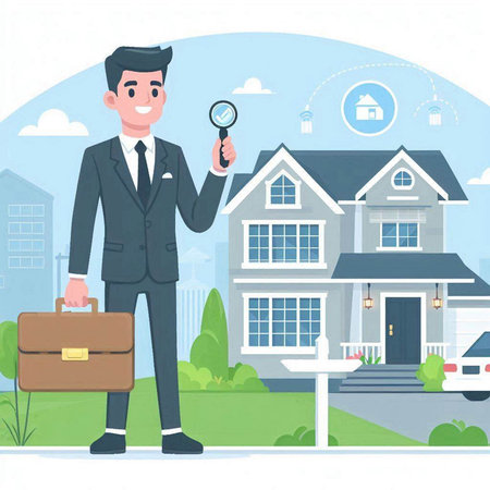 Real estate agent holding a magnifying glass in front of a houseのイラスト素材