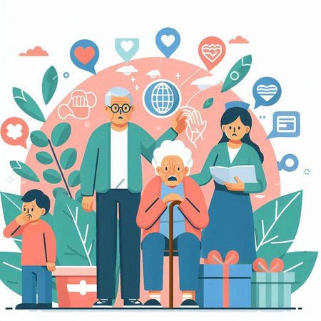 Elderly people and social media icons. Vector illustration in flat styleのイラスト素材