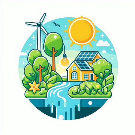 Vector illustration of eco friendly house with solar panels and wind turbines on the background of blue sky.のイラスト素材