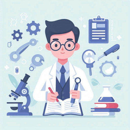 Scientist in lab coat working on research. Vector illustration in flat styleのイラスト素材