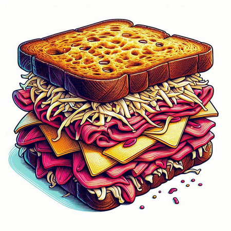 Sandwich with cheese and salami. Hand drawn vector illustration.のイラスト素材