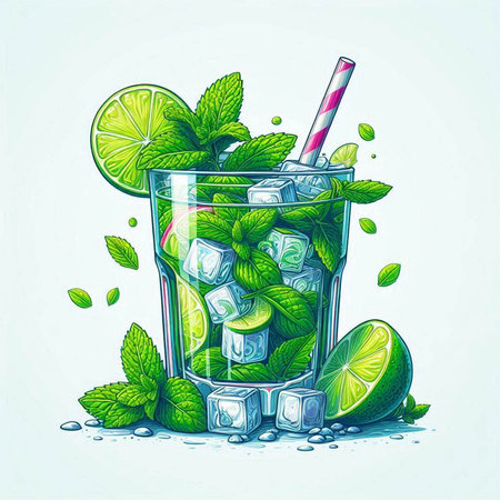 Mojito cocktail with lime, mint and ice. Vector illustrationのイラスト素材