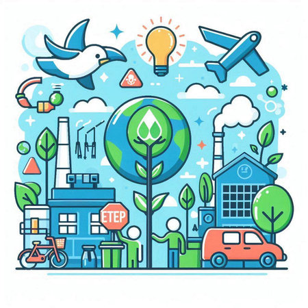Vector illustration of eco friendly city. Line art design for web, site, advertising, banner, poster and print.のイラスト素材