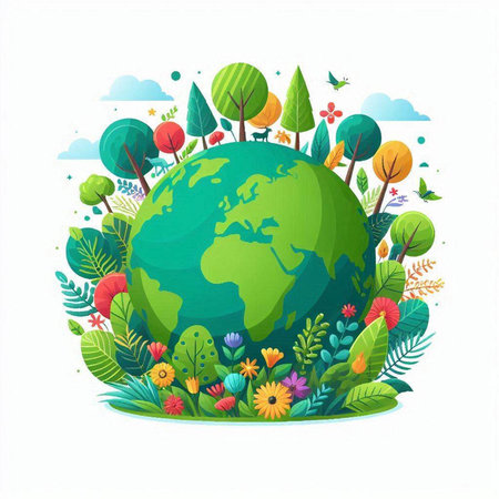 Ecology concept with green planet and nature elements. Vector illustration.のイラスト素材