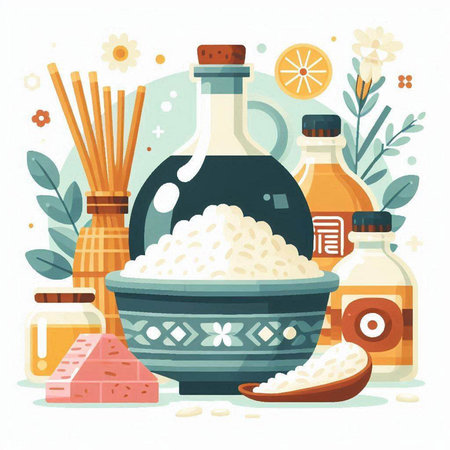 Spa set with essential oils and products. Vector illustration in flat styleのイラスト素材